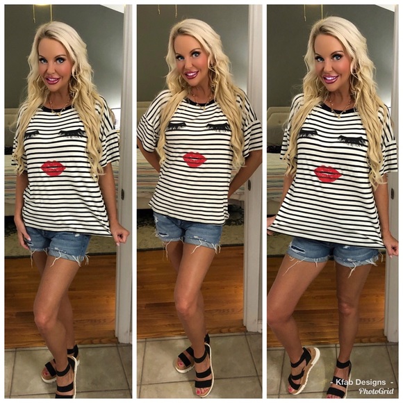 💋LAST 1! Striped “Lips and Eyes” Graphic Top! - Picture 3 of 8